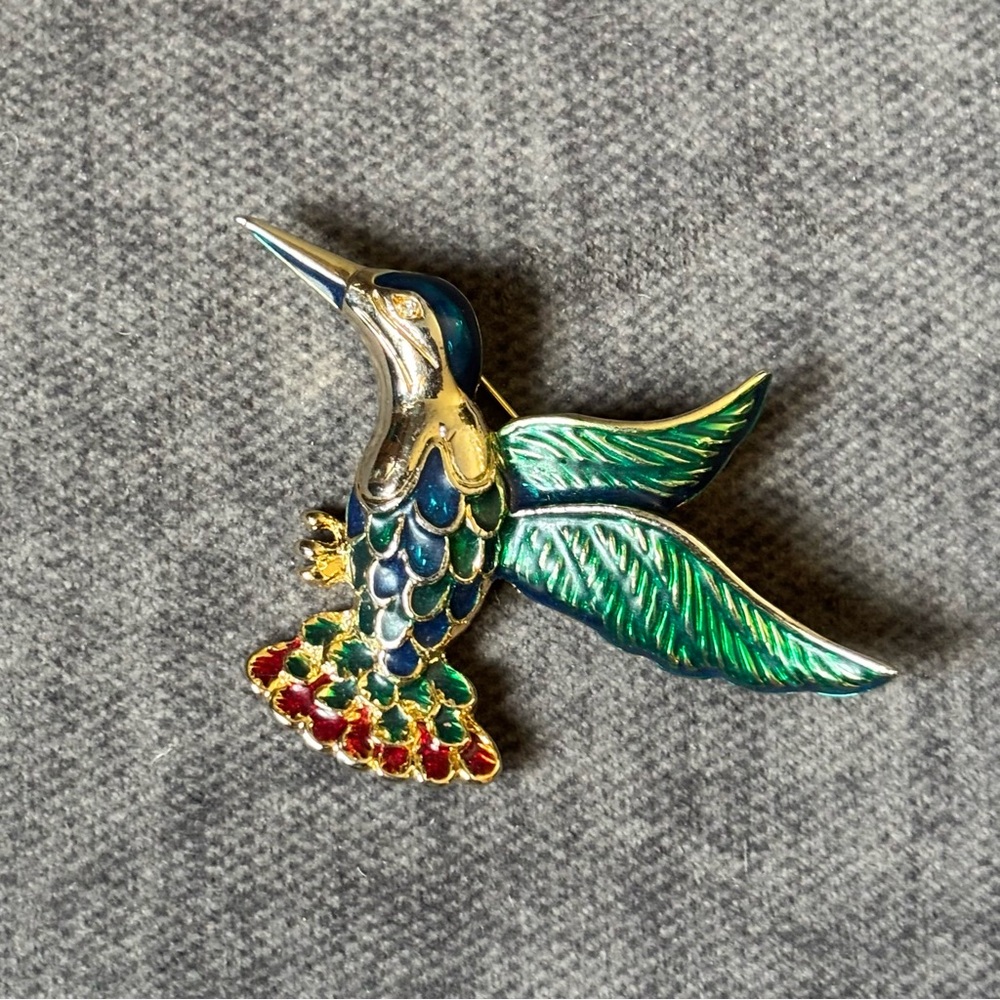 Vibrant Hummingbird Brooch - Green, Blue, Gold
